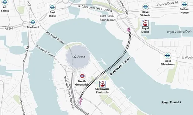 A map showing the Silvertown Tunnel's route